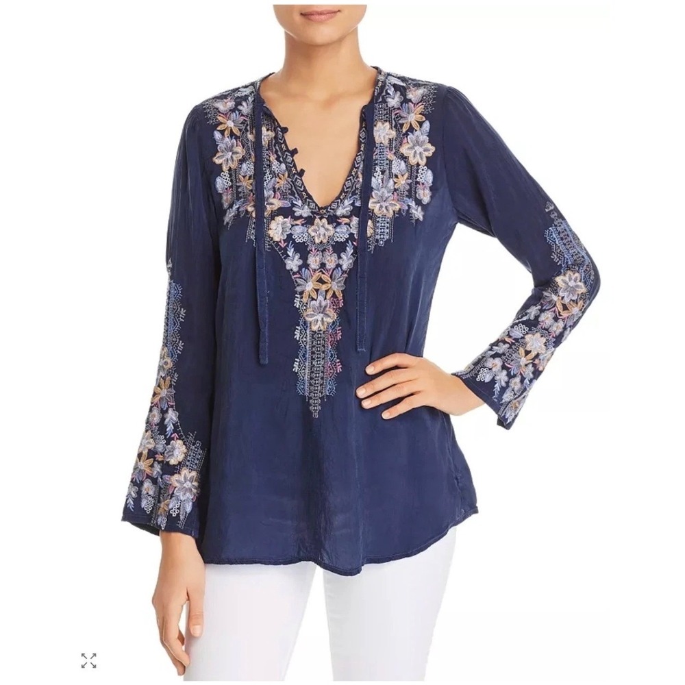Johnny Was Tanya Navy Blue Embroidered Floral V-Neck Peasant Blouse Top Women XS